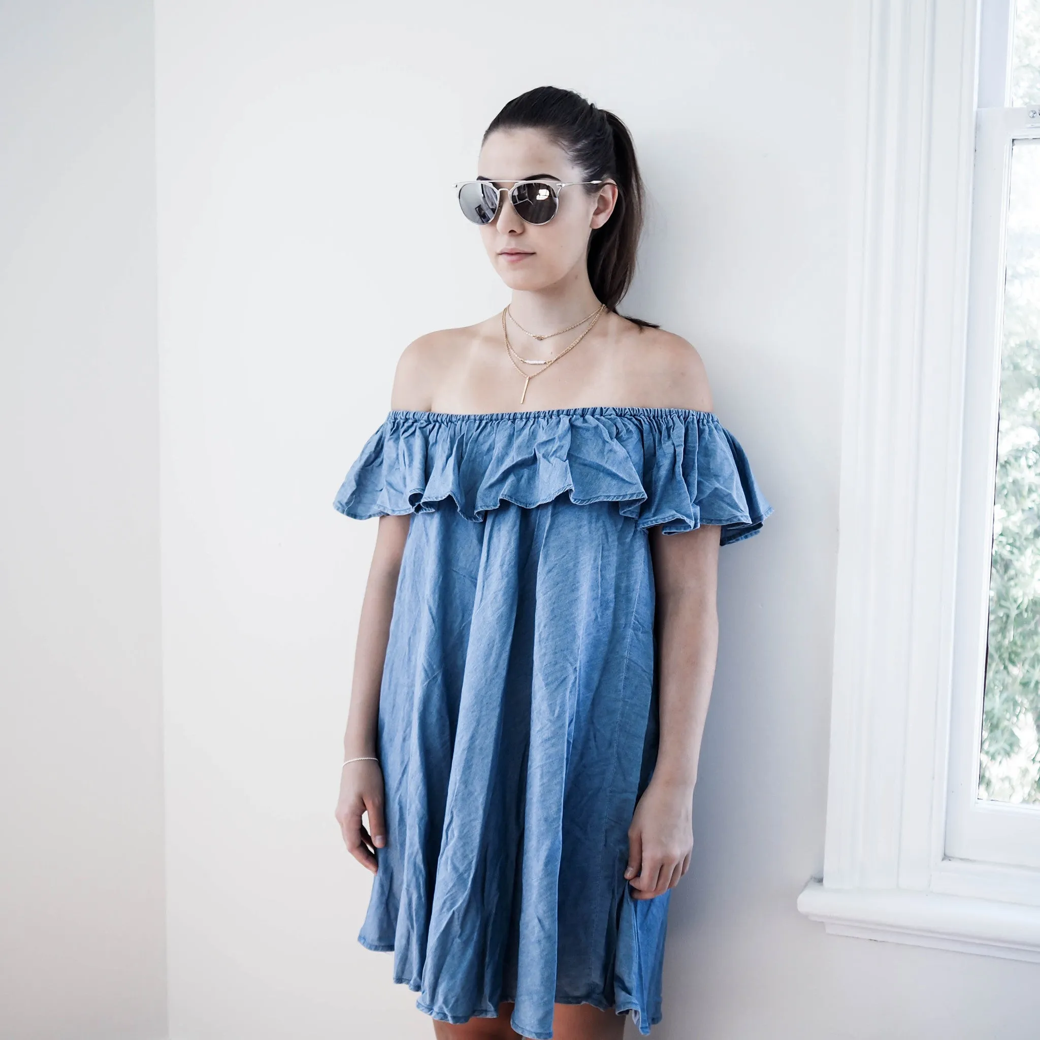 Katie Chambray Off-Shoulder Dress