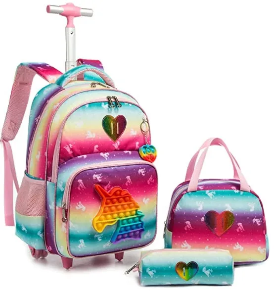 Kids 3pcs Rolling School Backpack Set with Lunch Bag and Pencil Case