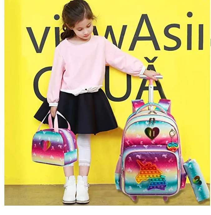 Kids 3pcs Rolling School Backpack Set with Lunch Bag and Pencil Case