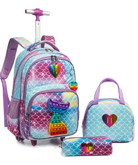 Kids 3pcs Rolling School Backpack Set with Lunch Bag and Pencil Case