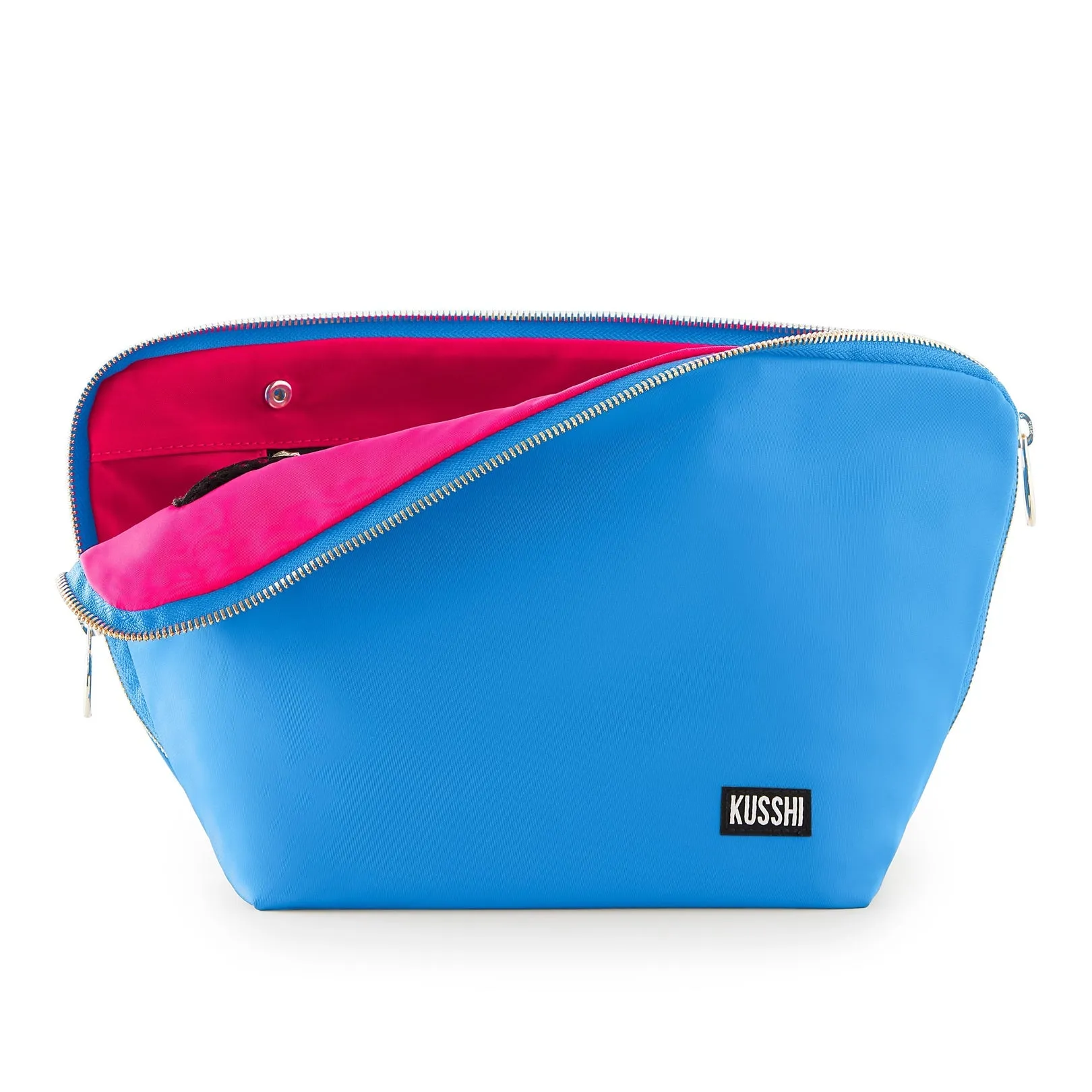 Kusshi Vacationer Makeup Bag in Light Blue with Neon Pink Interior