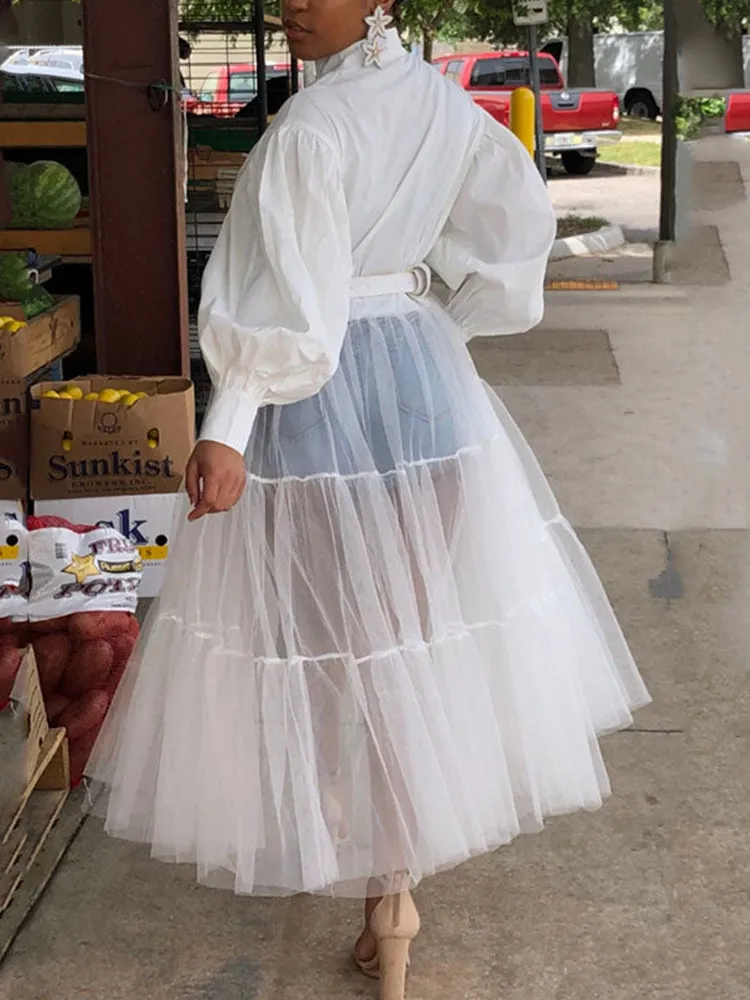 Lantern Sleeve Graceful Split Maxi Dress