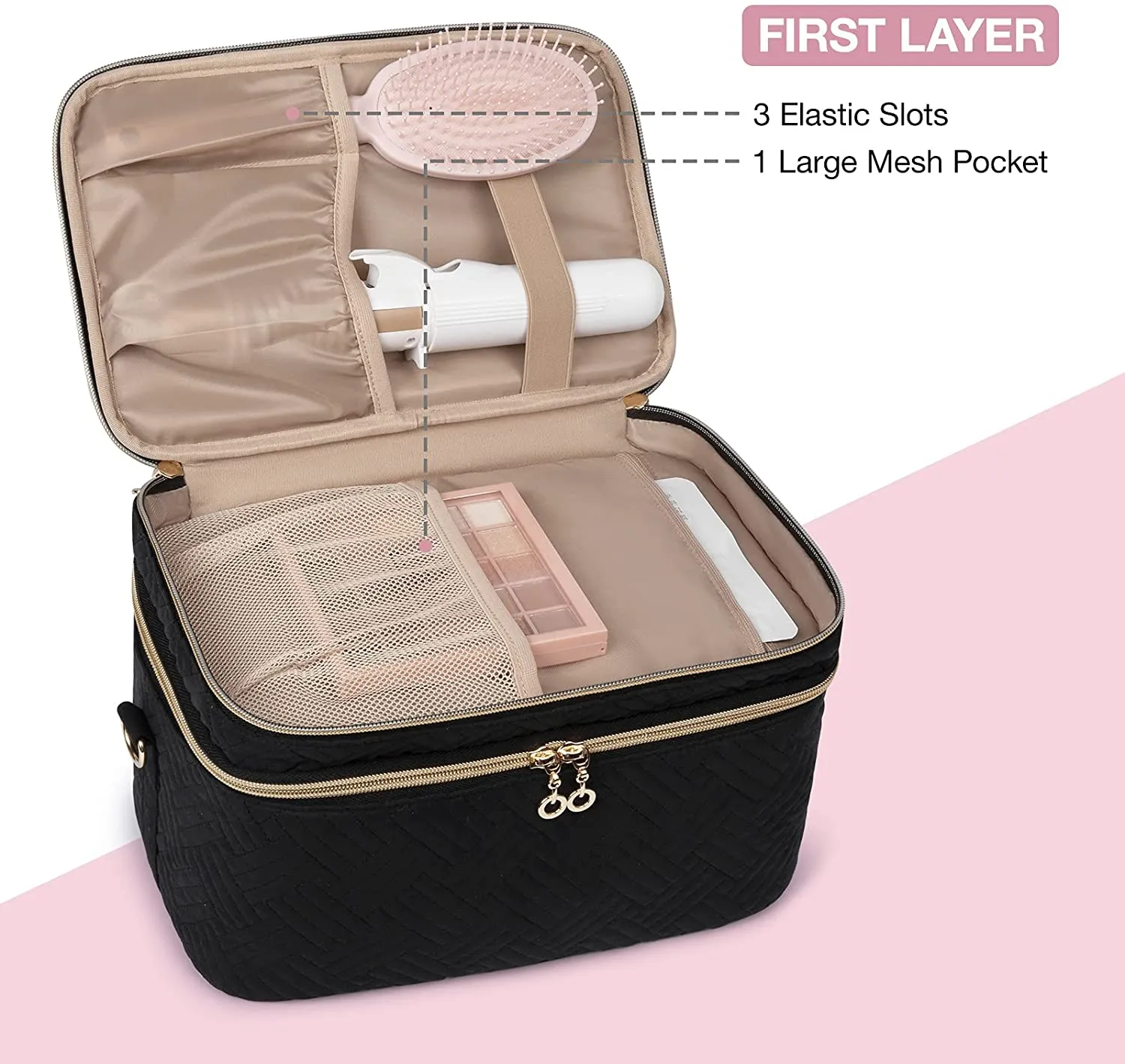 Large Makeup Bag,BAGSMART Double-Layer Makeup Case with Shoulder Strap Cosmetic Organizer Bag Train Case for Makeup Brushes Palettes Sponge Toiletries,Black