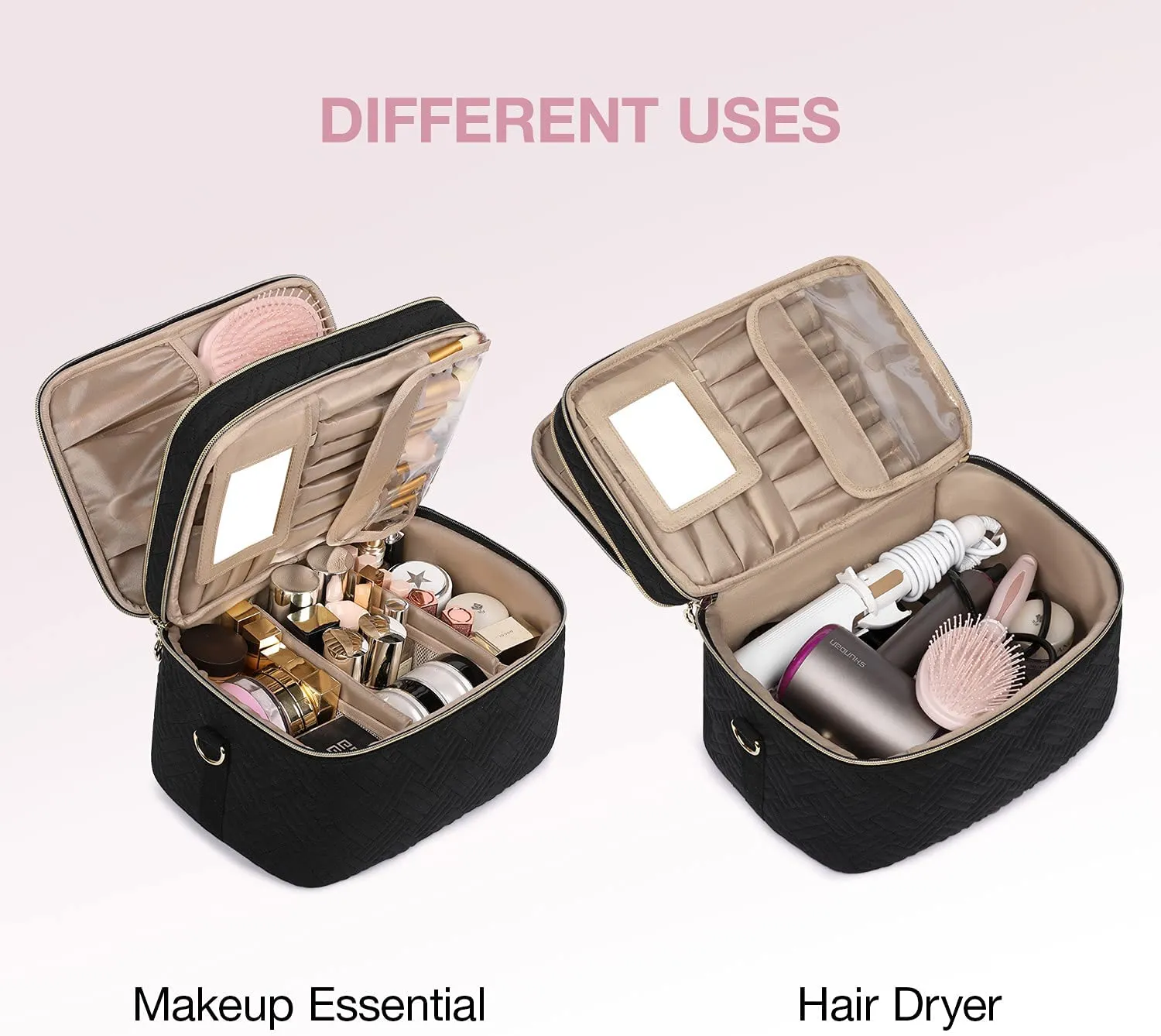 Large Makeup Bag,BAGSMART Double-Layer Makeup Case with Shoulder Strap Cosmetic Organizer Bag Train Case for Makeup Brushes Palettes Sponge Toiletries,Black