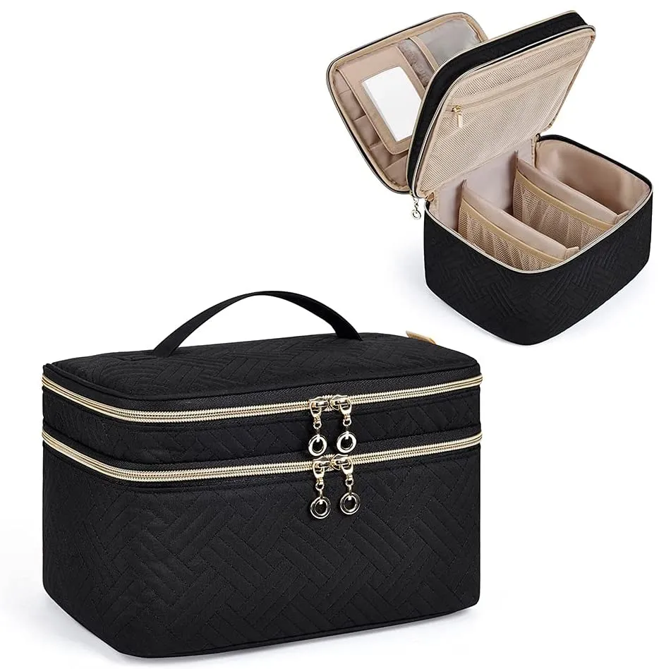 Large Makeup Bag,BAGSMART Double-Layer Makeup Case with Shoulder Strap Cosmetic Organizer Bag Train Case for Makeup Brushes Palettes Sponge Toiletries,Black
