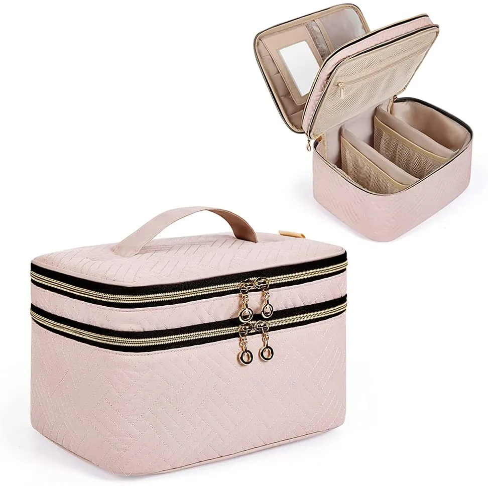 Large Makeup Bag,BAGSMART Double-Layer Makeup Case with Shoulder Strap Cosmetic Organizer Bag Train Case for Makeup Brushes Palettes Sponge Toiletries,Black