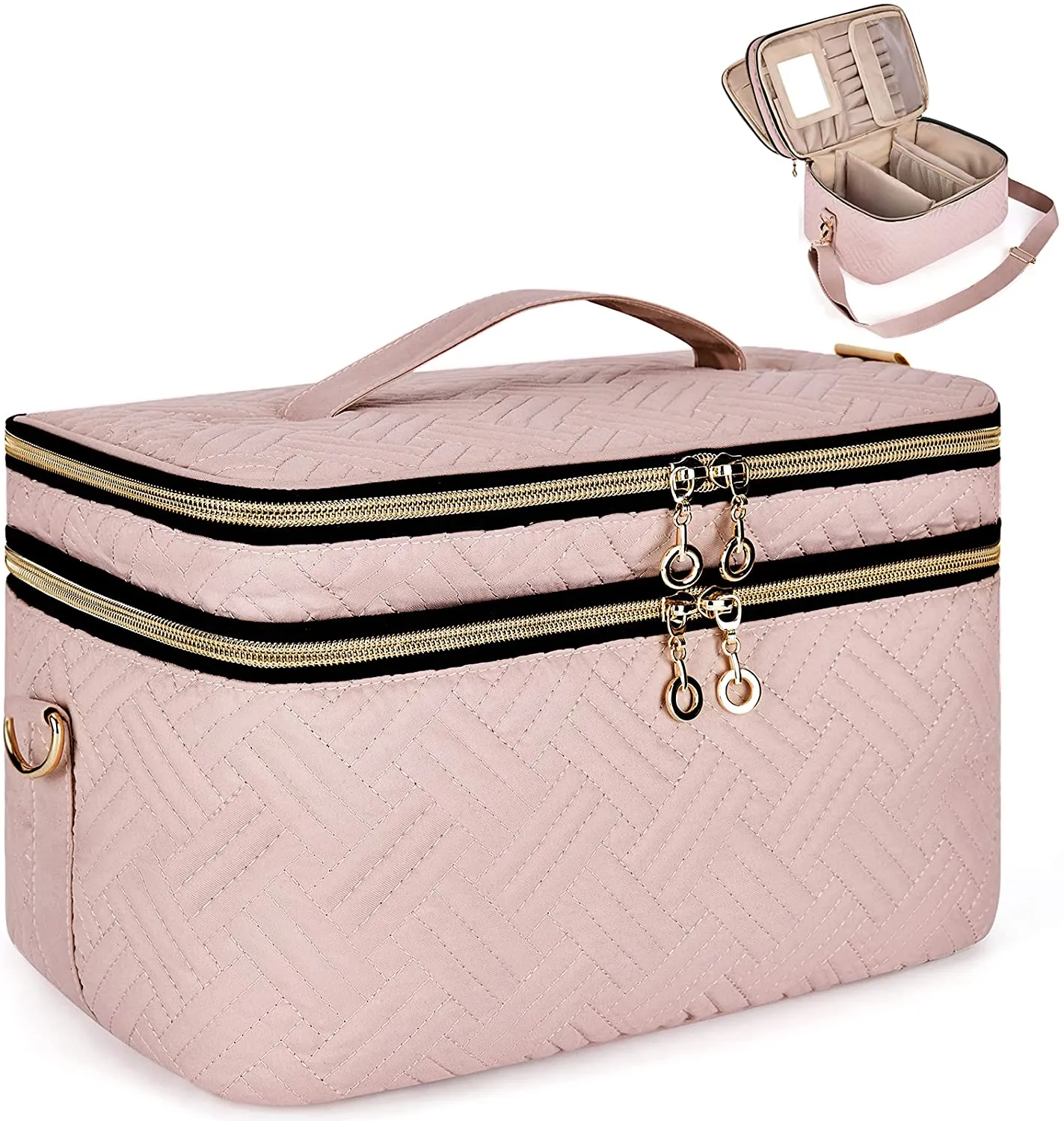 Large Makeup Bag,BAGSMART Double-Layer Makeup Case with Shoulder Strap Cosmetic Organizer Bag Train Case for Makeup Brushes Palettes Sponge Toiletries,Black