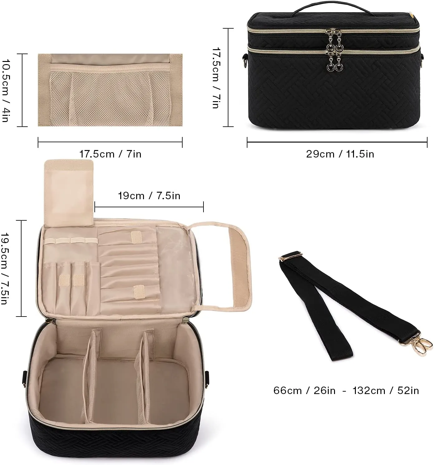 Large Makeup Bag,BAGSMART Double-Layer Makeup Case with Shoulder Strap Cosmetic Organizer Bag Train Case for Makeup Brushes Palettes Sponge Toiletries,Black
