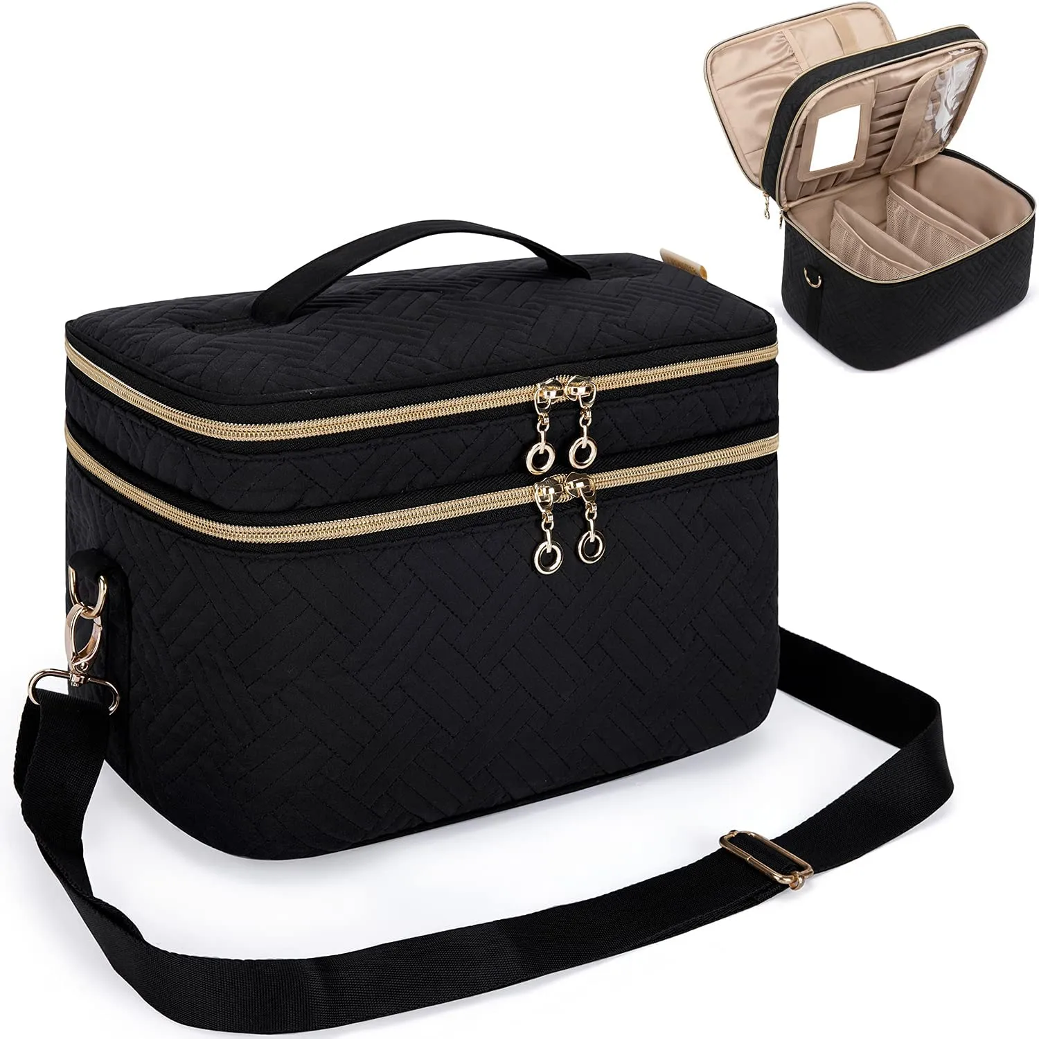 Large Makeup Bag,BAGSMART Double-Layer Makeup Case with Shoulder Strap Cosmetic Organizer Bag Train Case for Makeup Brushes Palettes Sponge Toiletries,Black
