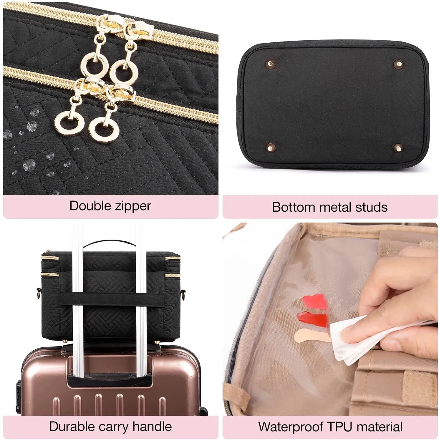 Large Makeup Bag,BAGSMART Double-Layer Makeup Case with Shoulder Strap Cosmetic Organizer Bag Train Case for Makeup Brushes Palettes Sponge Toiletries,Black