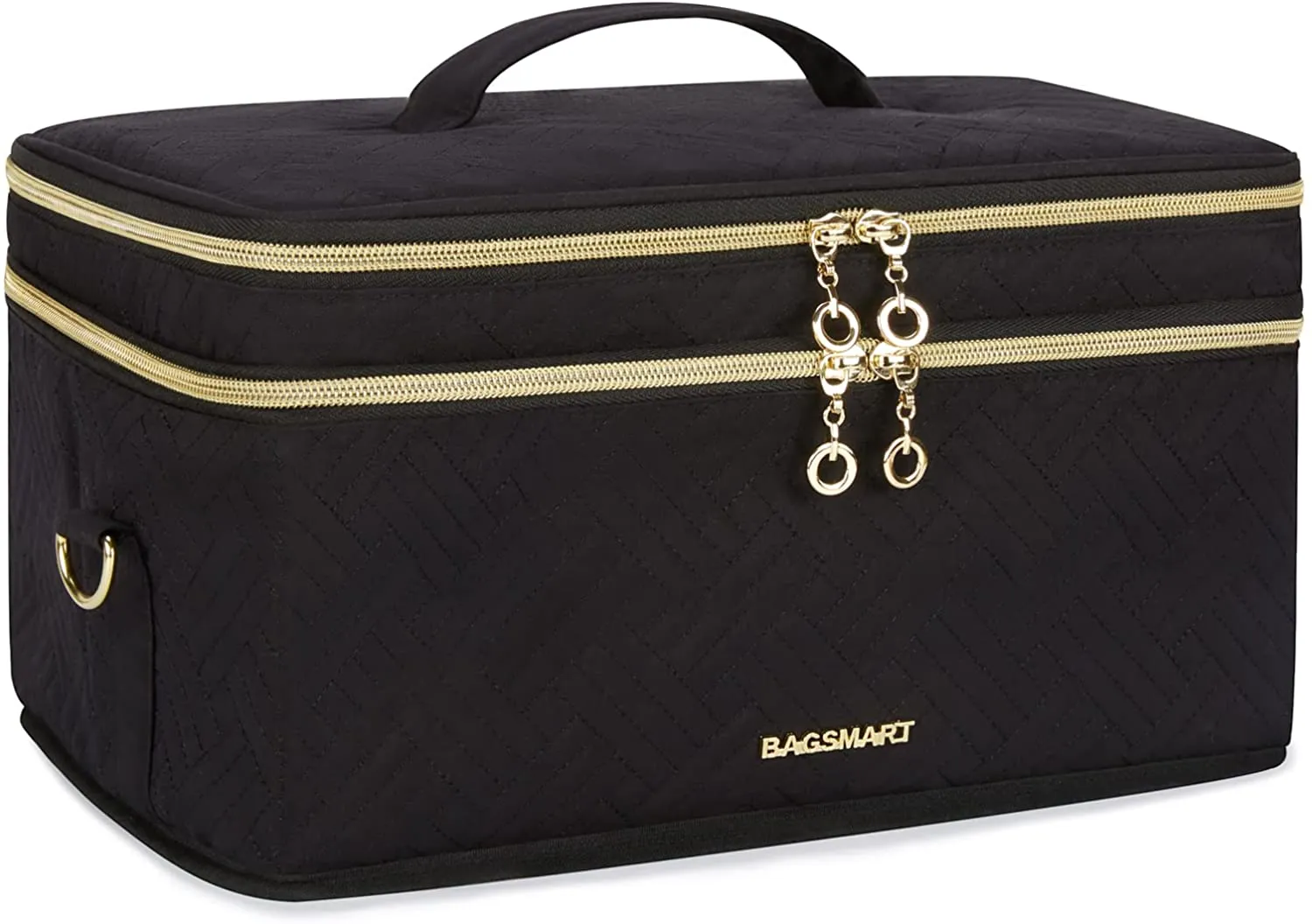 Large Makeup Bag,BAGSMART Double-Layer Makeup Case with Shoulder Strap Cosmetic Organizer Bag Train Case for Makeup Brushes Palettes Sponge Toiletries,Black