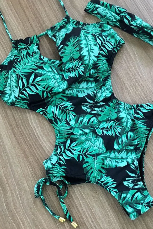 Leaf Print Striking Halter Collar One Piece Swimwear