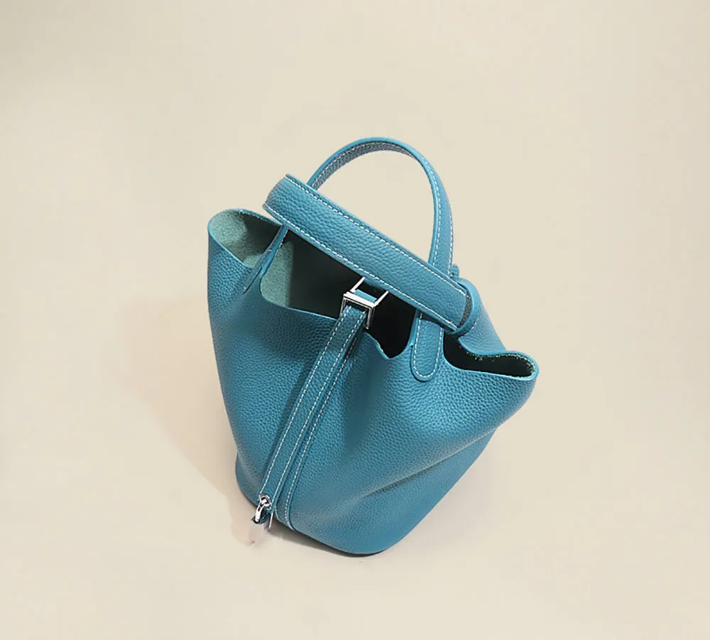 Leather Bucket Top Handle Bag Blue