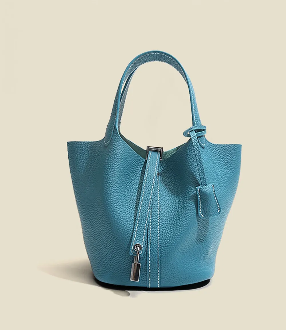 Leather Bucket Top Handle Bag Blue