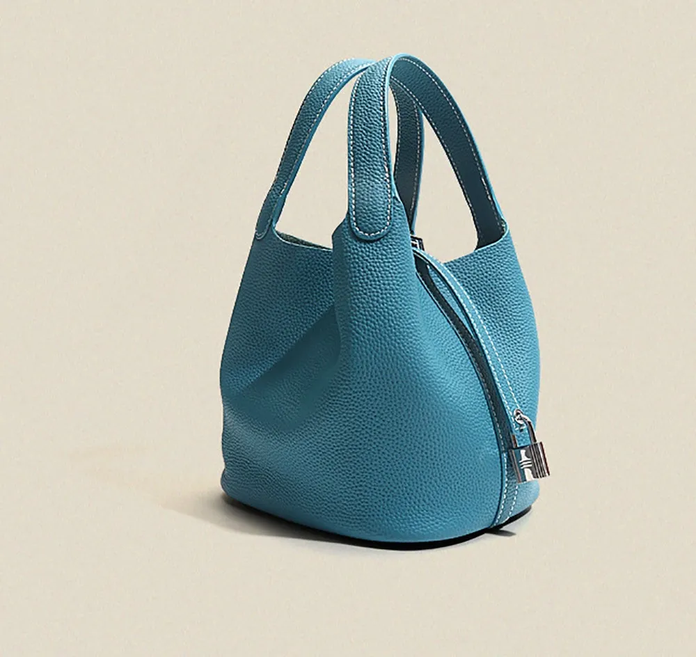 Leather Bucket Top Handle Bag Blue