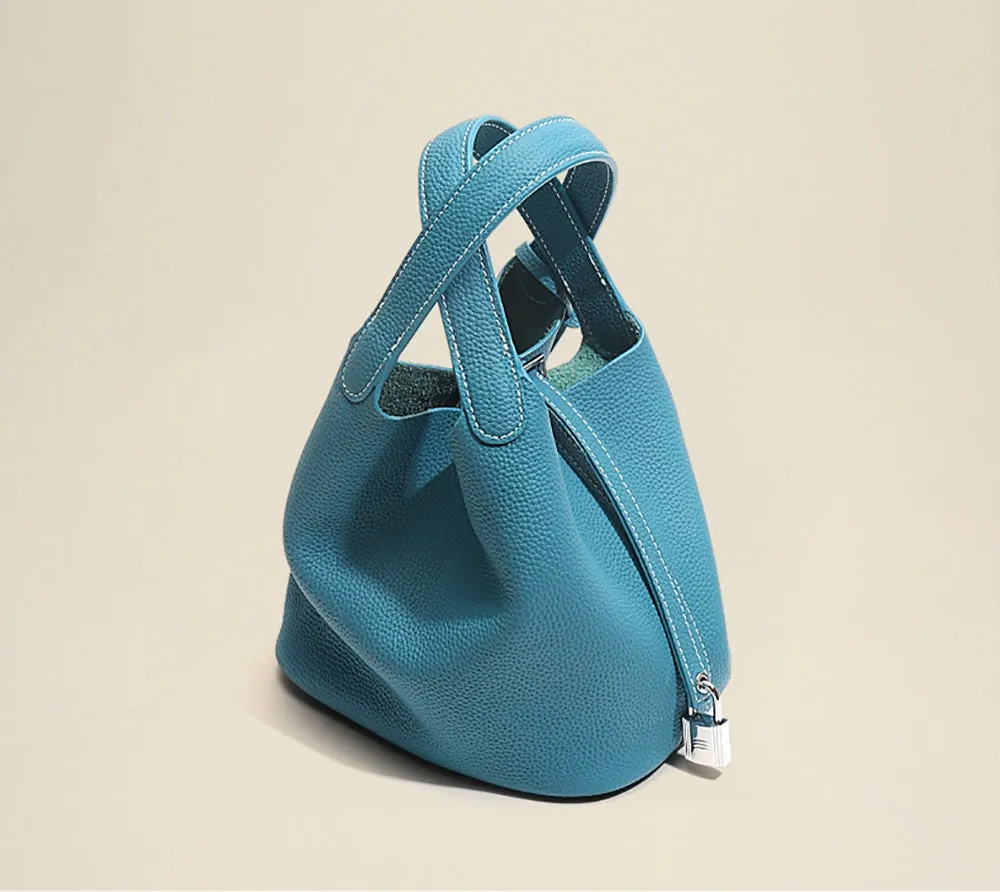 Leather Bucket Top Handle Bag Blue