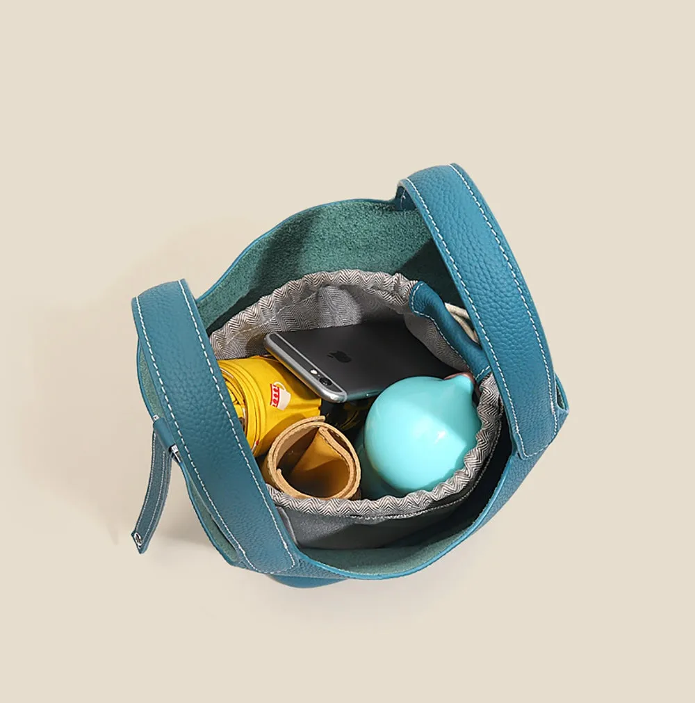 Leather Bucket Top Handle Bag Blue