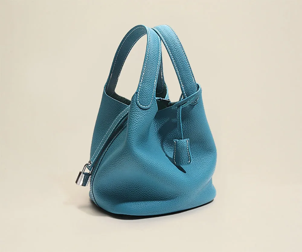Leather Bucket Top Handle Bag Blue