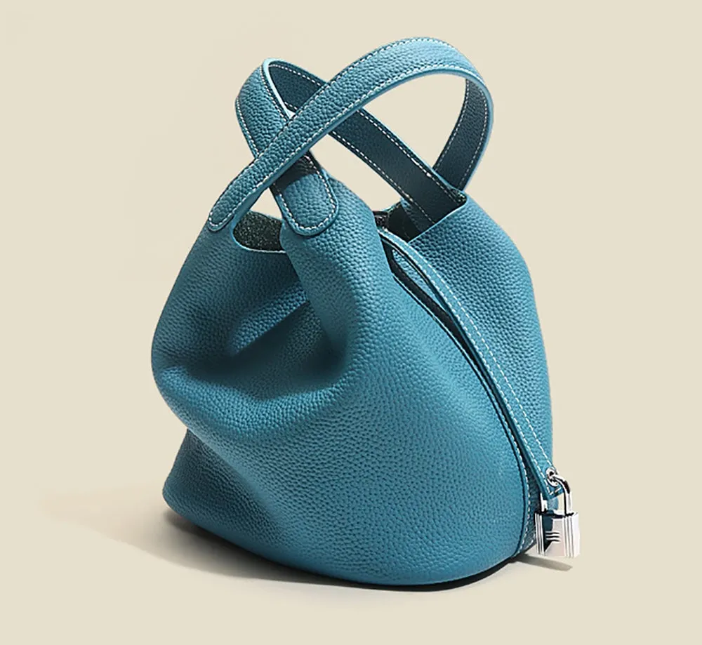 Leather Bucket Top Handle Bag Blue