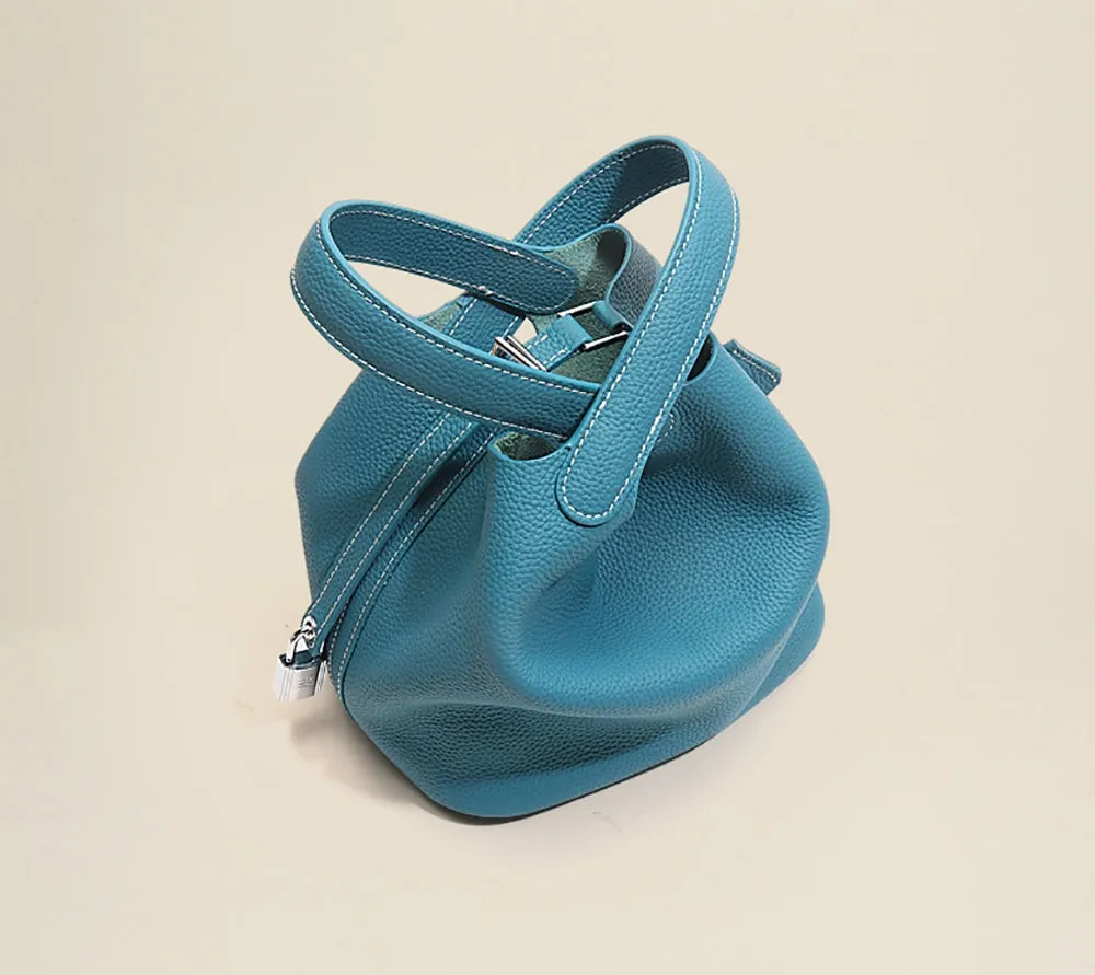 Leather Bucket Top Handle Bag Blue