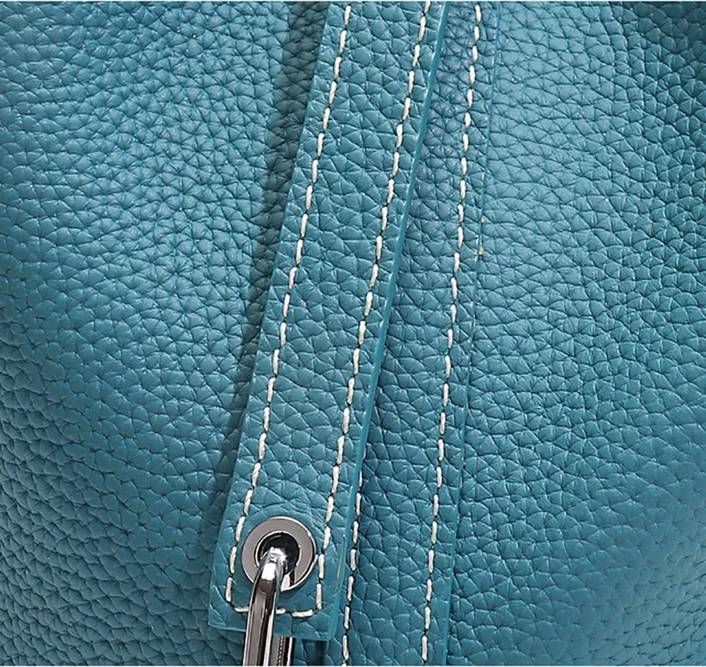 Leather Bucket Top Handle Bag Blue