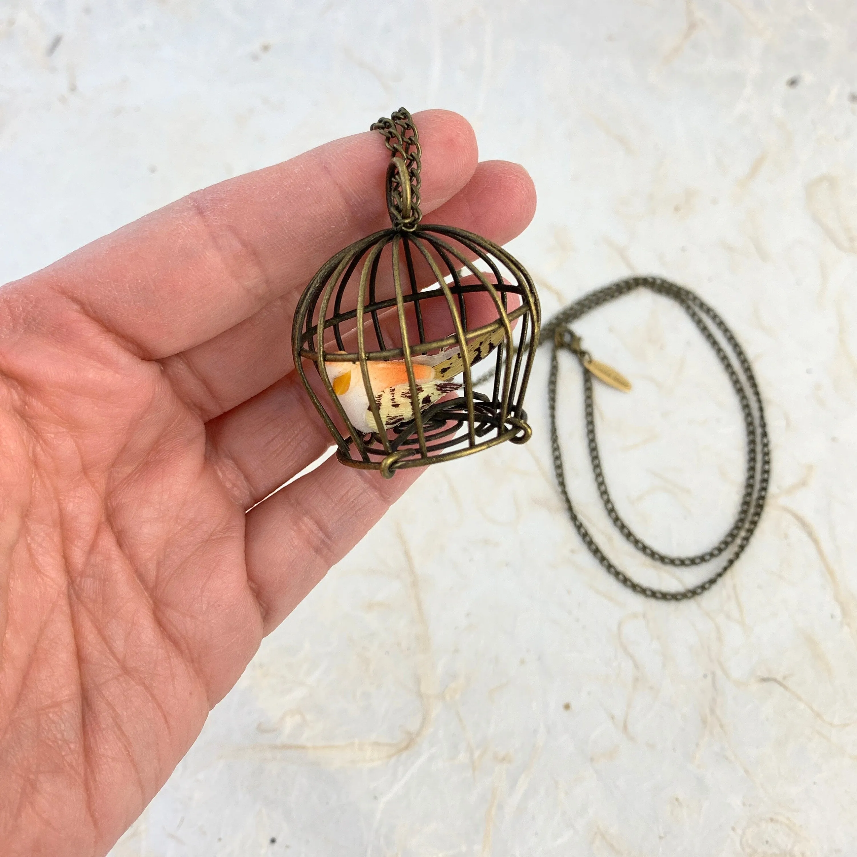 Little Bird In A Vintage Birdcage Pendant Necklace in Begonia
