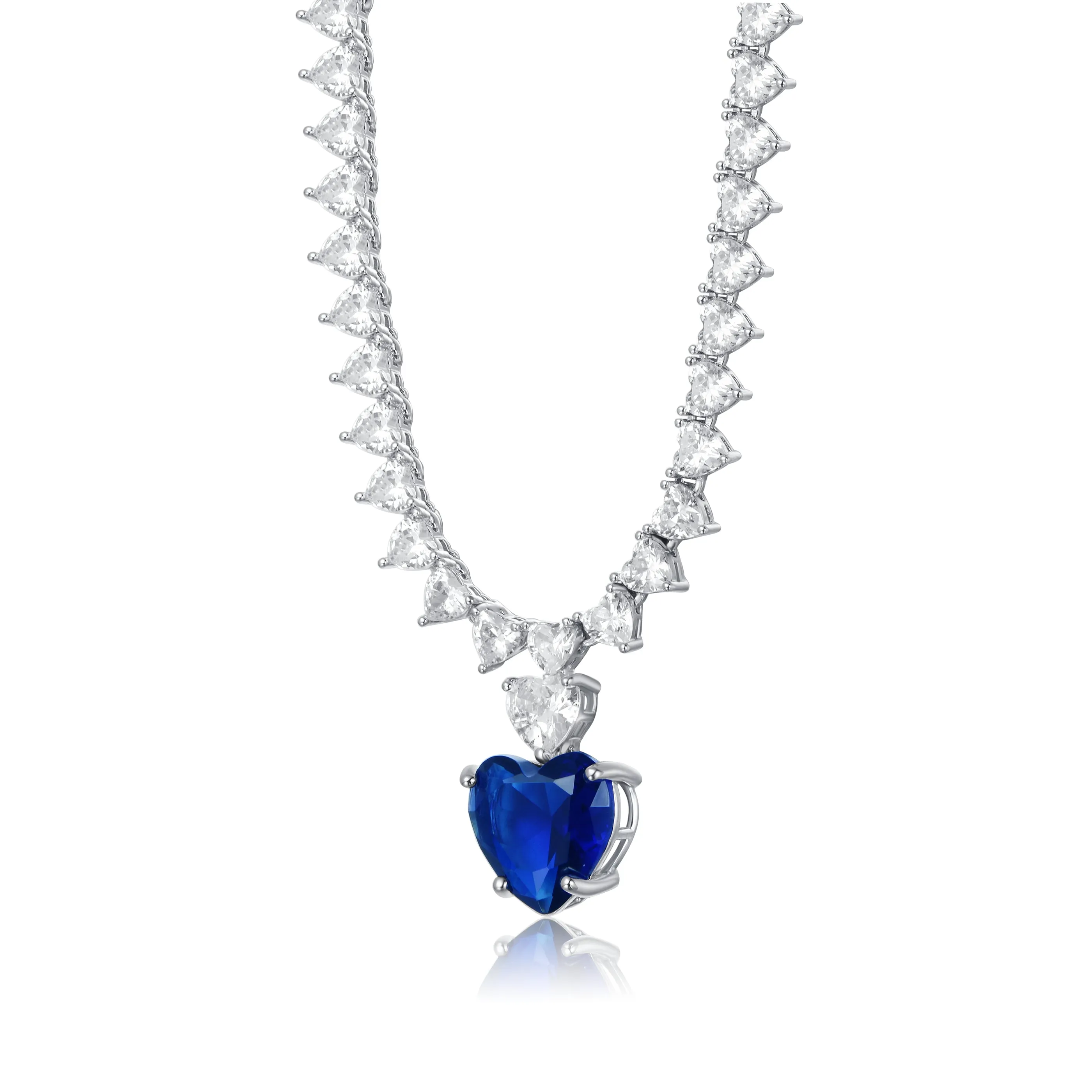 Luxurious Heart Tennis Necklace with Sapphire Blue Heart Charm