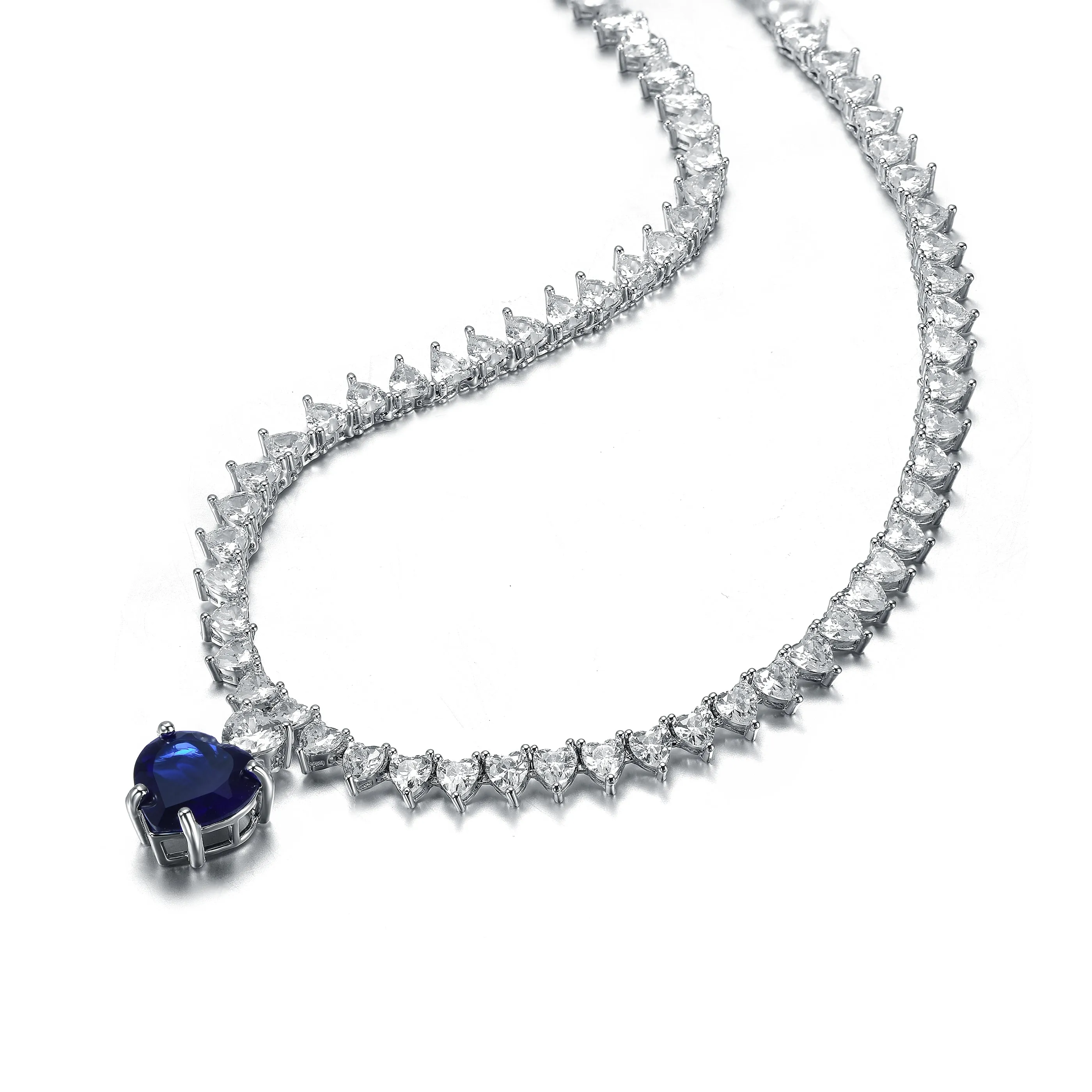 Luxurious Heart Tennis Necklace with Sapphire Blue Heart Charm