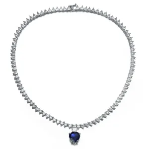 Luxurious Heart Tennis Necklace with Sapphire Blue Heart Charm