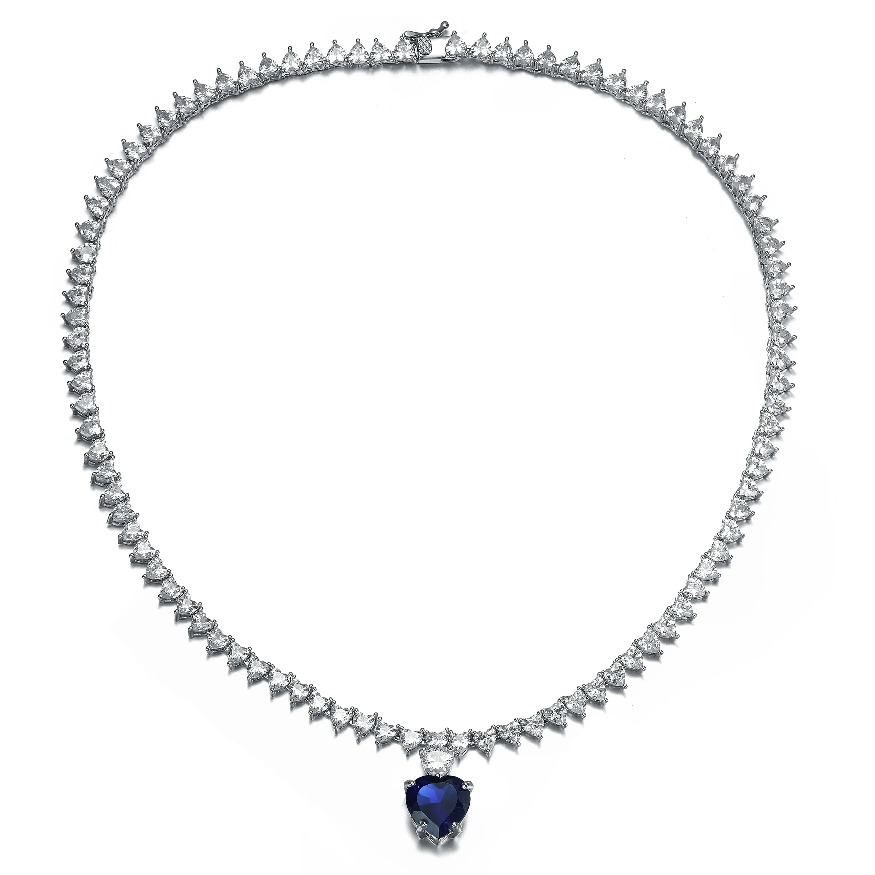 Luxurious Heart Tennis Necklace with Sapphire Blue Heart Charm