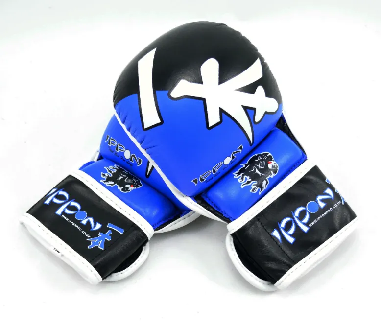 MAR-408 | Blue Black IPPON Open Finger Leather Striking Gloves