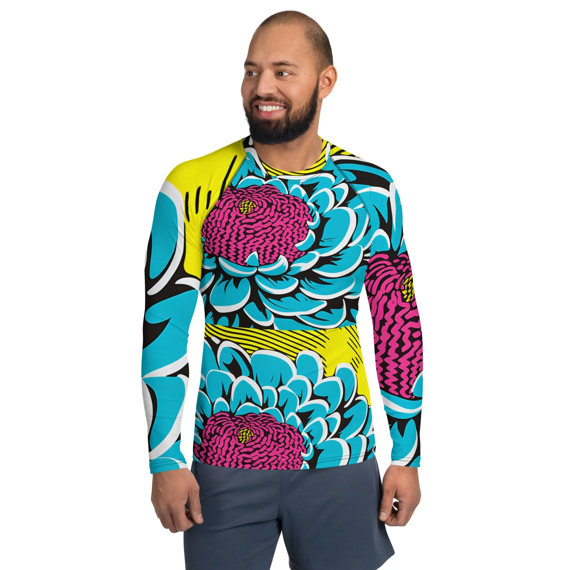 Men's BJJ Long Sleeve Rash Guards: Unique Roy Lichtenstein Dahlia Design for High-Intensity Training 002