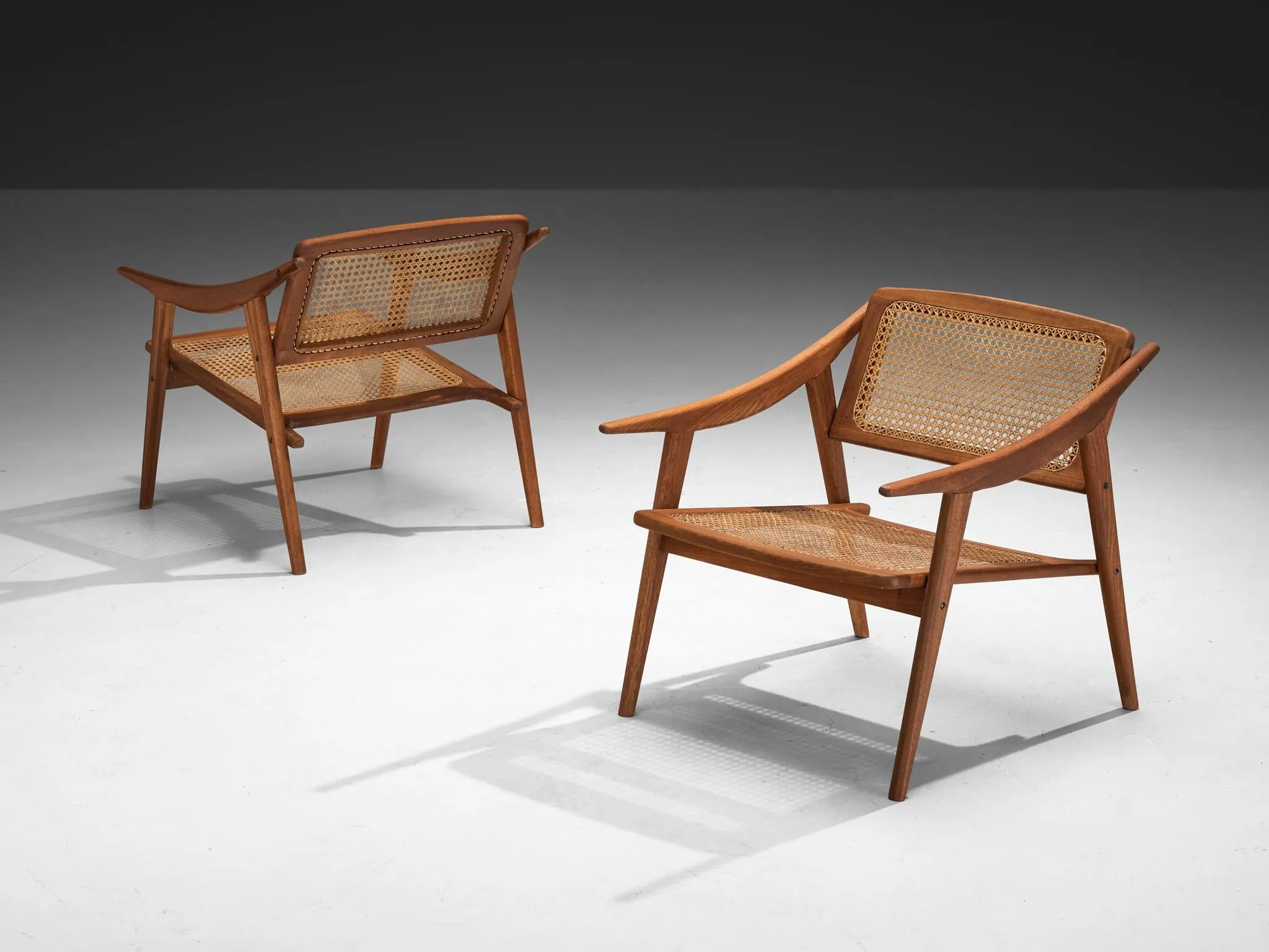 Michel Ducaroy for SNA Roset Pair of Lounge Chairs in Teak and Cane