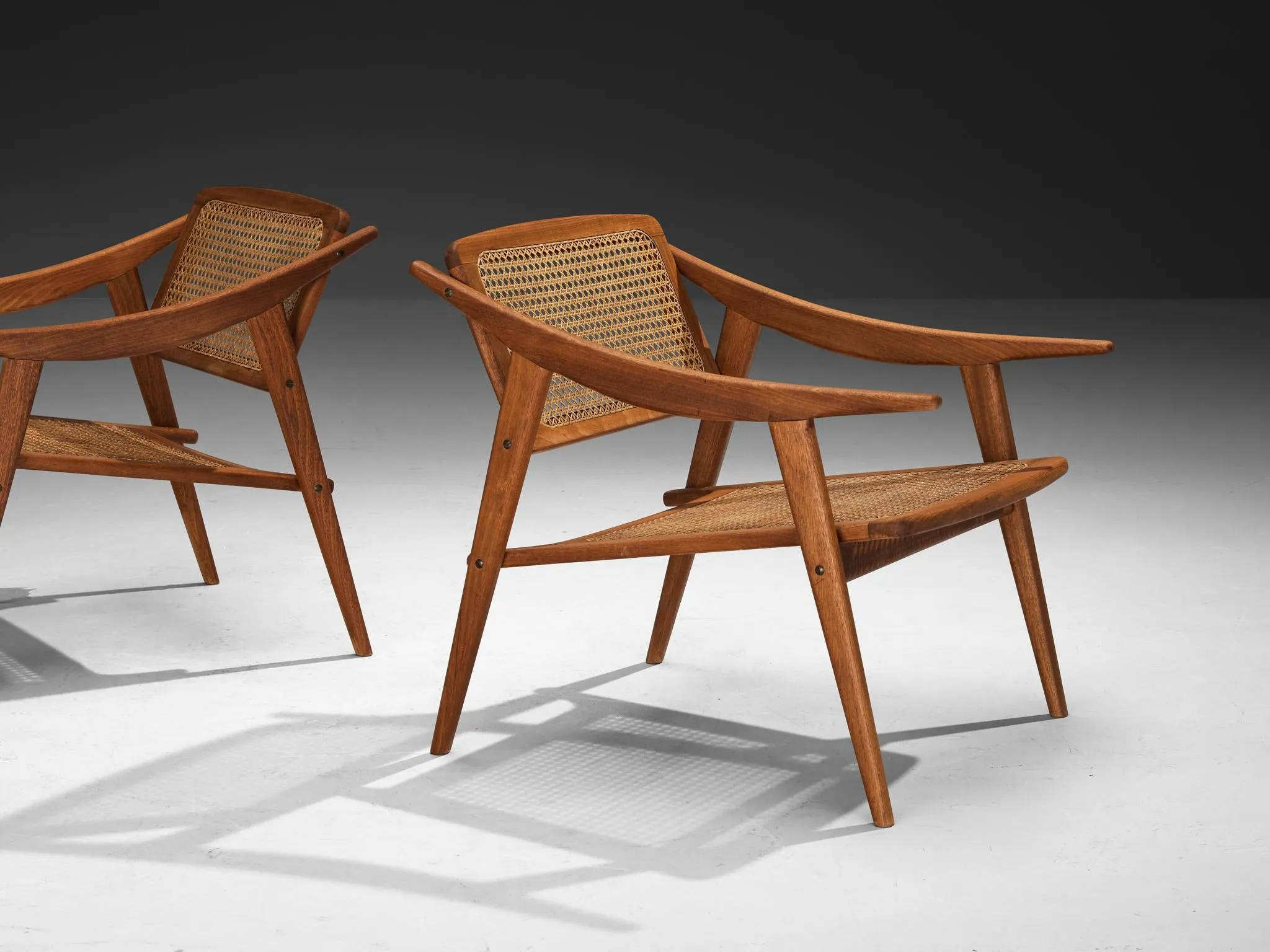 Michel Ducaroy for SNA Roset Pair of Lounge Chairs in Teak and Cane