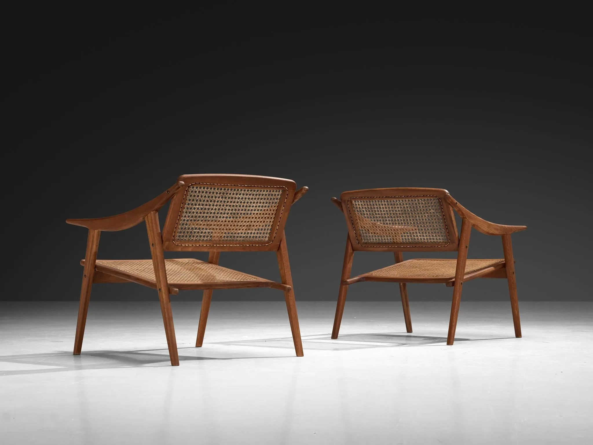 Michel Ducaroy for SNA Roset Pair of Lounge Chairs in Teak and Cane
