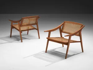 Michel Ducaroy for SNA Roset Pair of Lounge Chairs in Teak and Cane