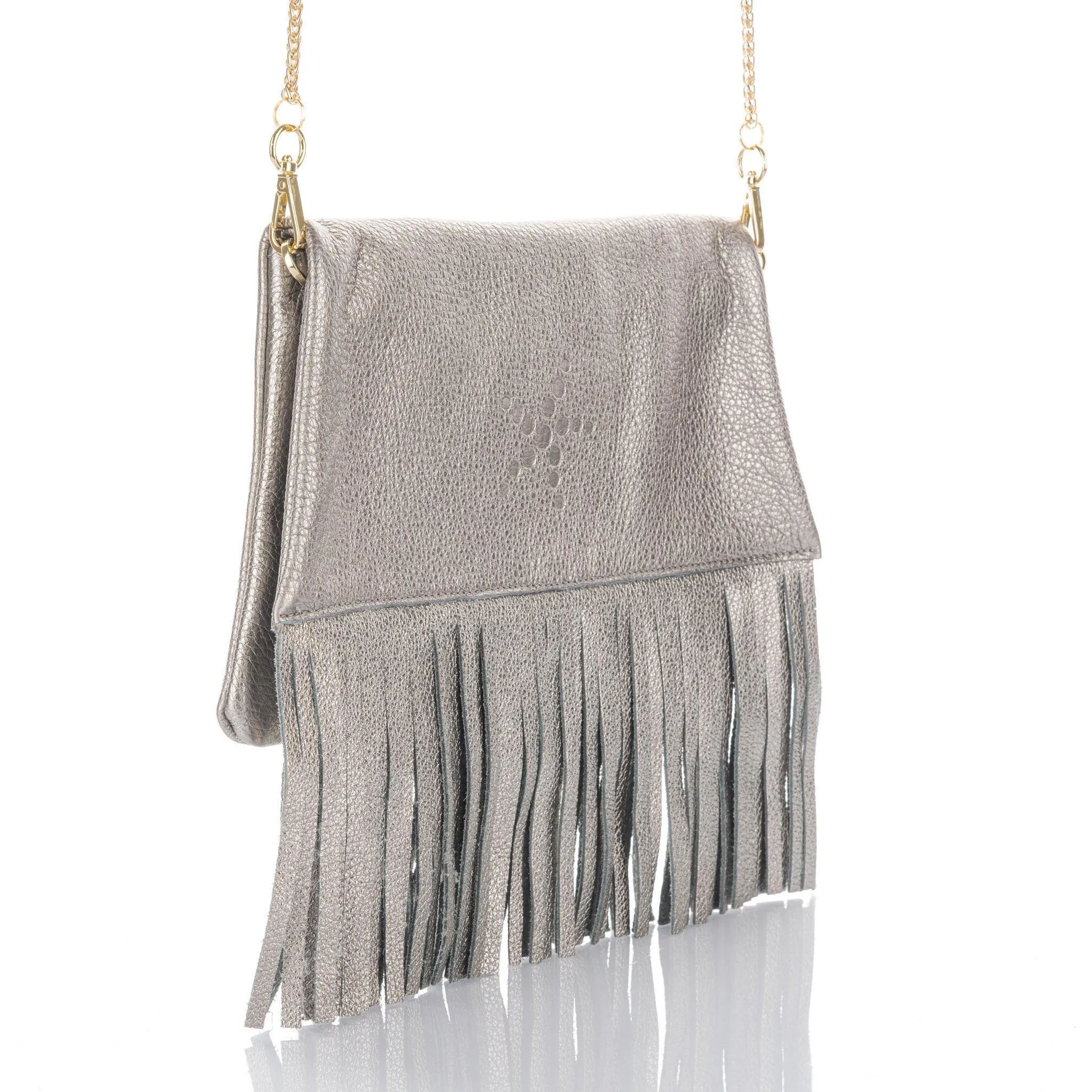 Nicole - Fringe Grain Leather Clutch Bag - Titanium