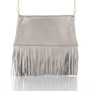 Nicole - Fringe Grain Leather Clutch Bag - Titanium