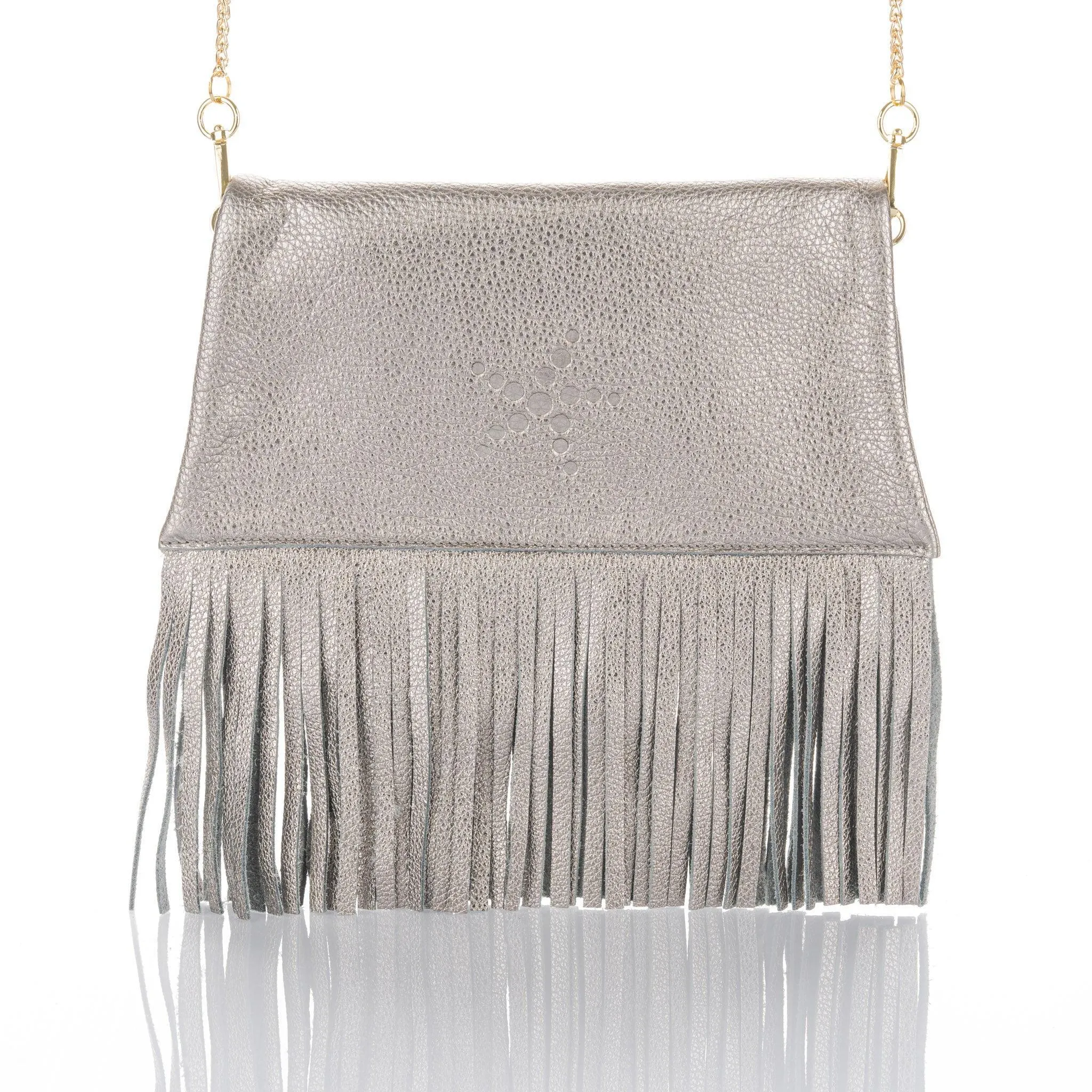 Nicole - Fringe Grain Leather Clutch Bag - Titanium