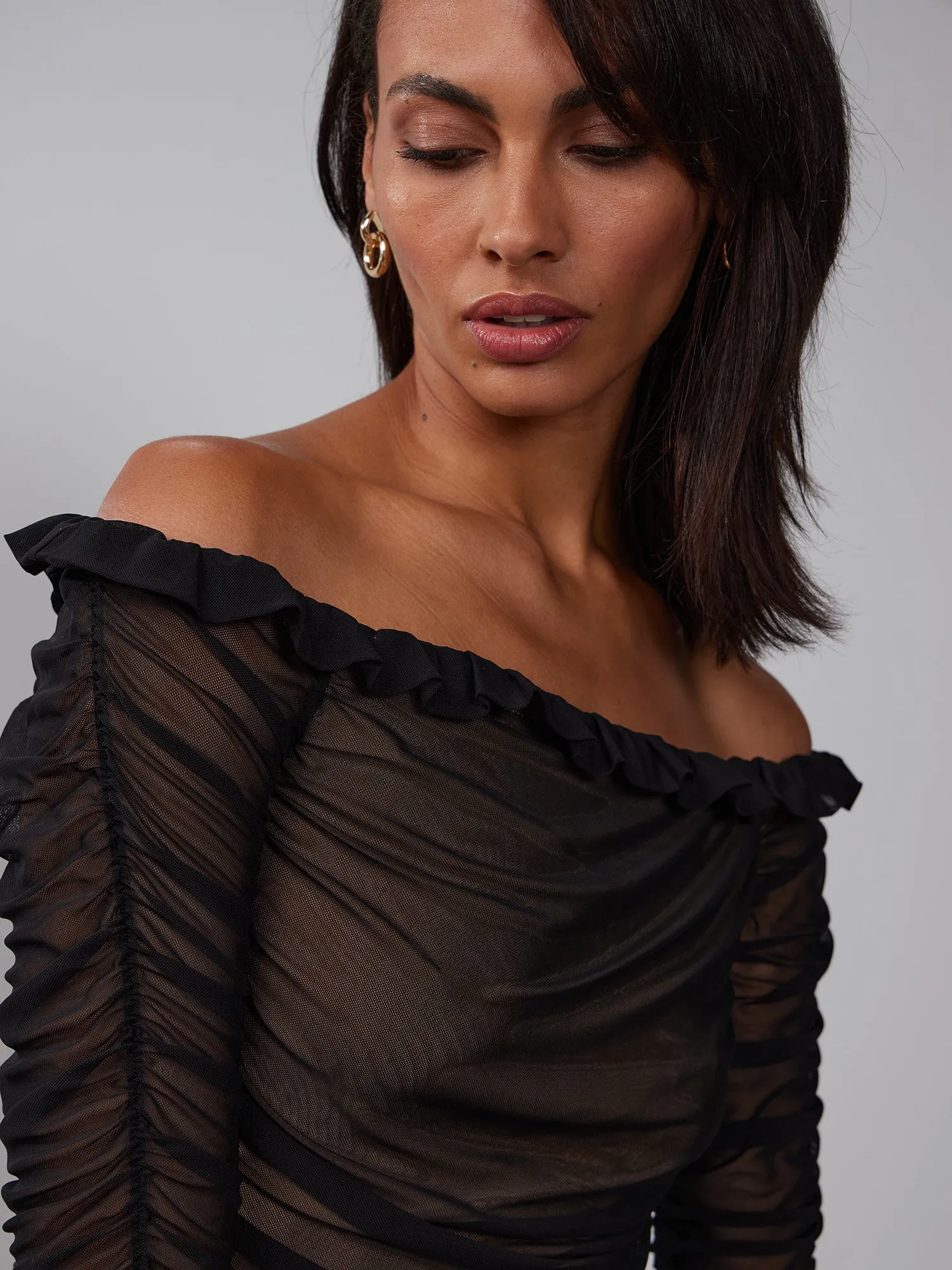 Off-Shoulder Ruched Mesh Dress