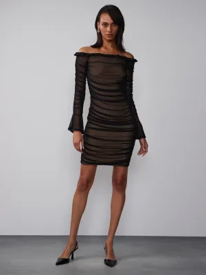 Off-Shoulder Ruched Mesh Dress