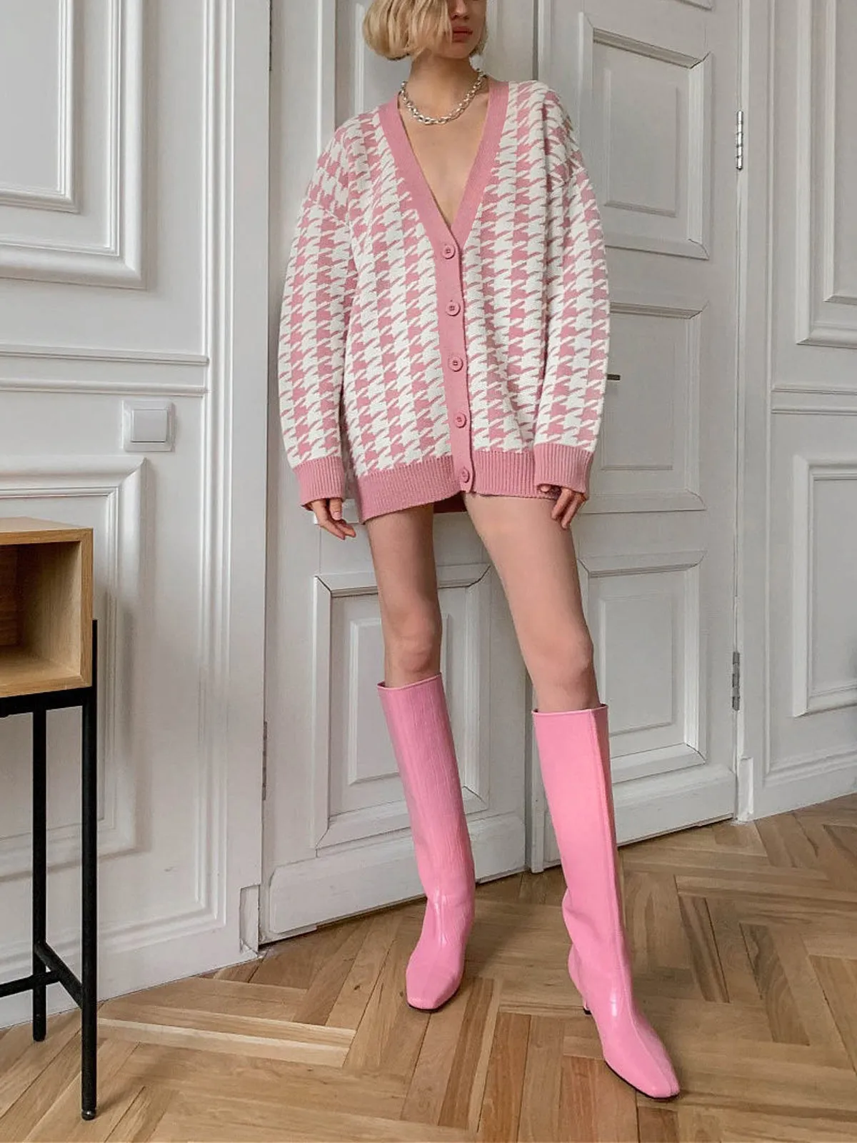 Oversized Barbiecore Graceful Houndstooth Cardigan