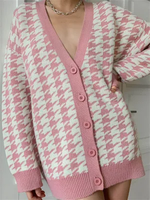 Oversized Barbiecore Graceful Houndstooth Cardigan