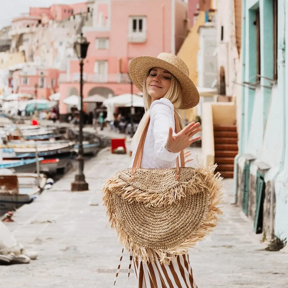Paziye Bohemian Semicircle Tassel Straw Shoulder Bag