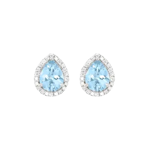 Pear Aquamarine And Diamond Halo Stud Earrings in 18k White Gold