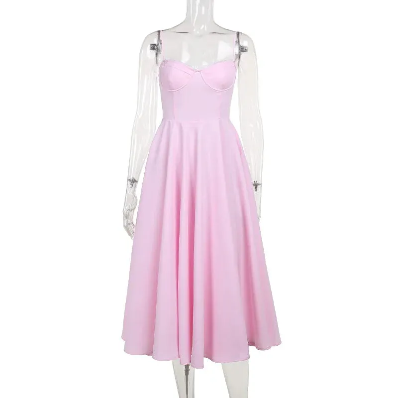 Pink Strappy Stylish Flare Midi Dress