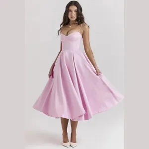 Pink Strappy Stylish Flare Midi Dress