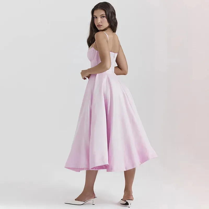 Pink Strappy Stylish Flare Midi Dress