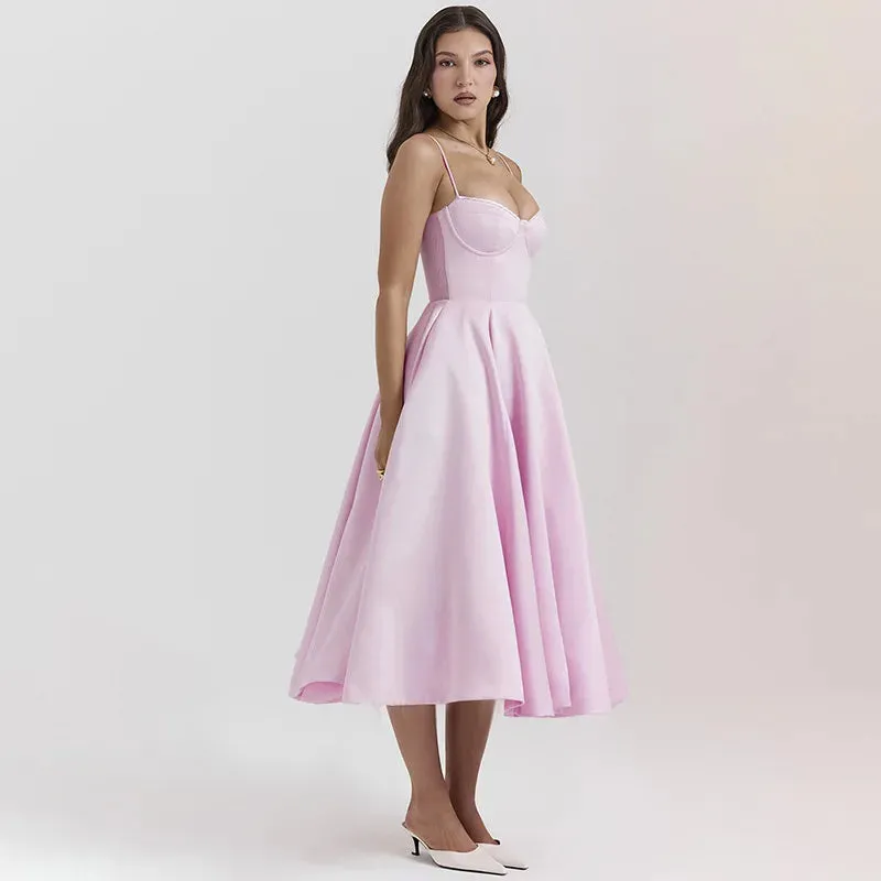 Pink Strappy Stylish Flare Midi Dress