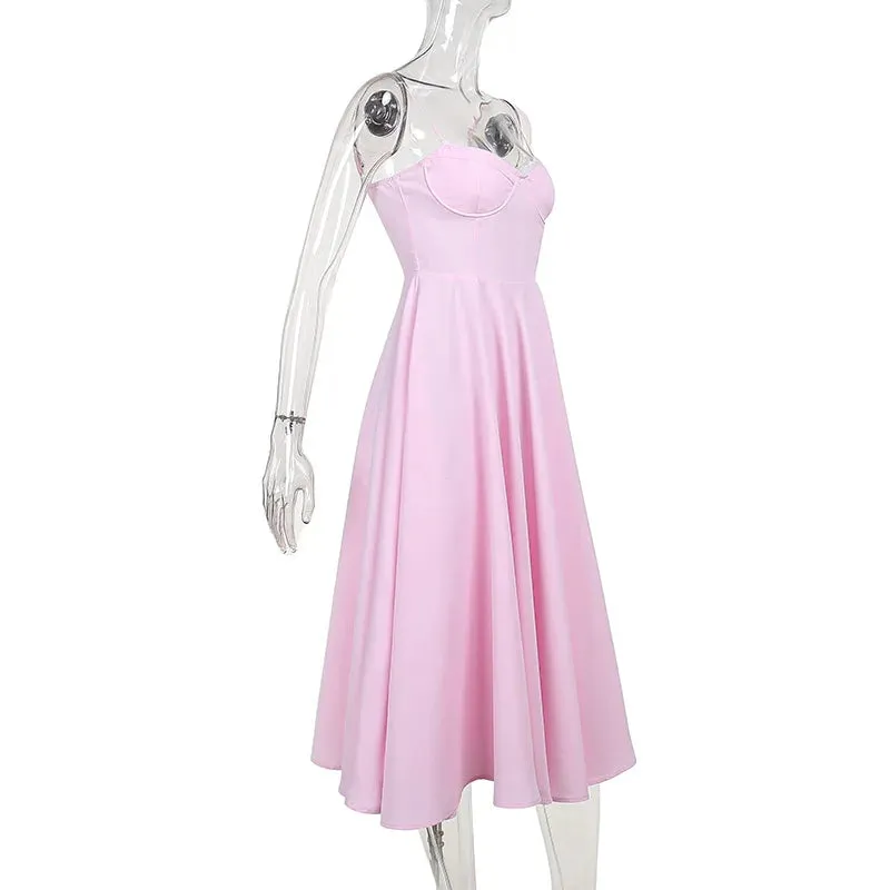 Pink Strappy Stylish Flare Midi Dress
